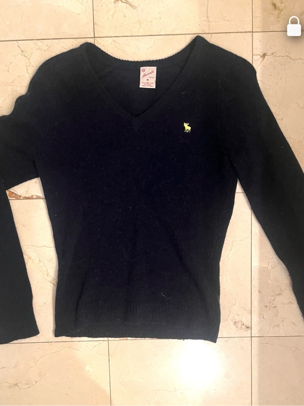 Vintage Abercrombie & Fitch Navy V-Neck Sweater with Yellow Logo